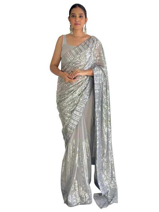AKHILAM Women's Grey Georgette Sequins Embellished Saree with Unstitched Blouse Piece (KESARI5101_KR)