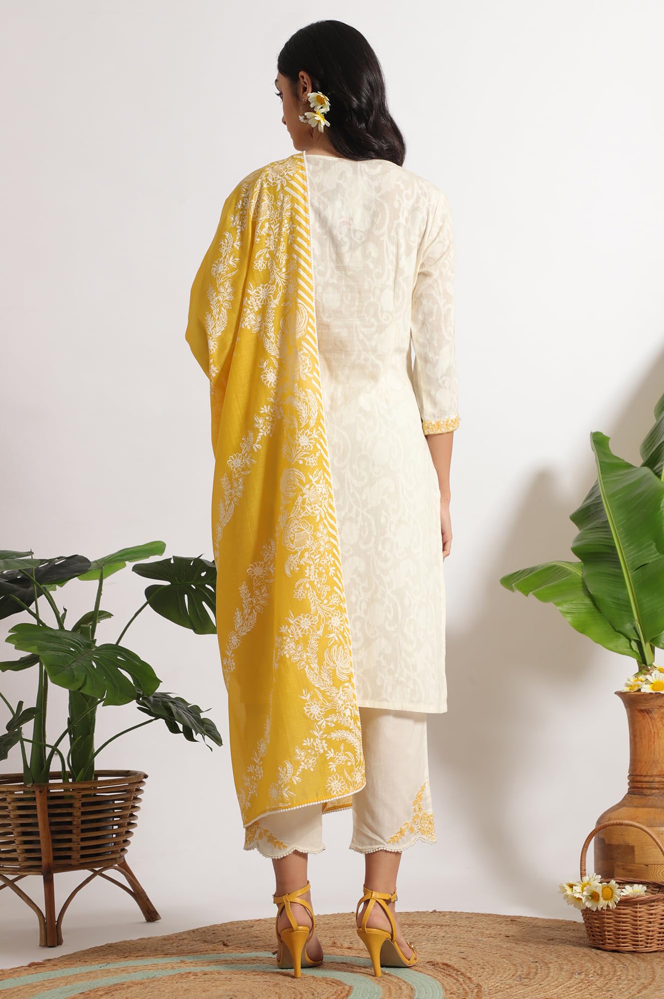 W for Woman White Embroidered Jacquard Straight Kurta, Pants and Dupatta Set (Size: XS)-WS12365-223273