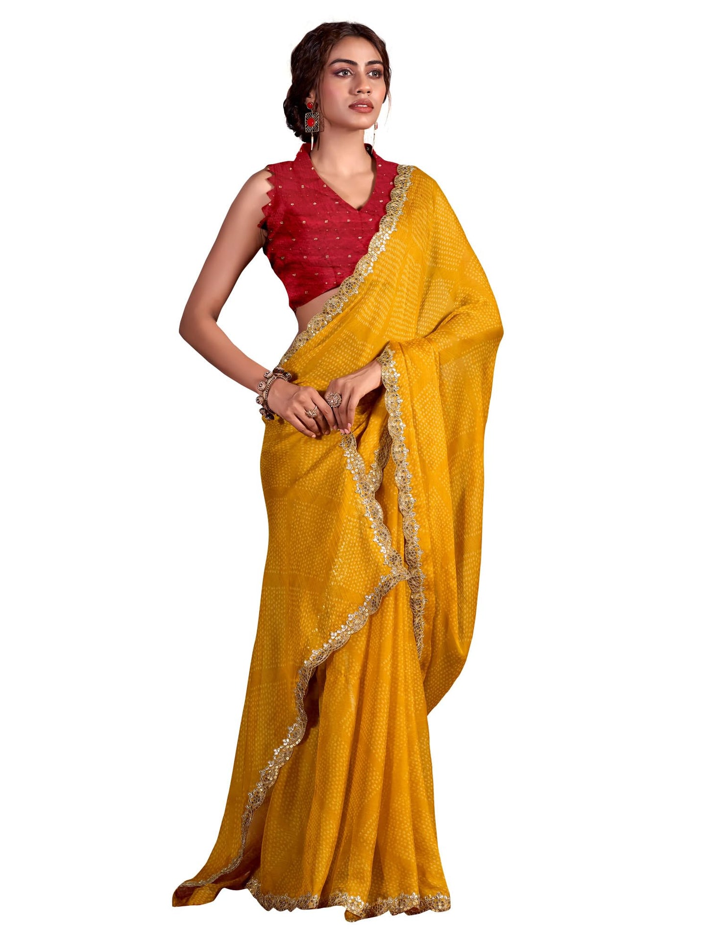 AKHILAM Women's Yellow Chiffon Bandhani Printed Saree with Unstitched Blouse Piece(CHUNRI1001_SR)