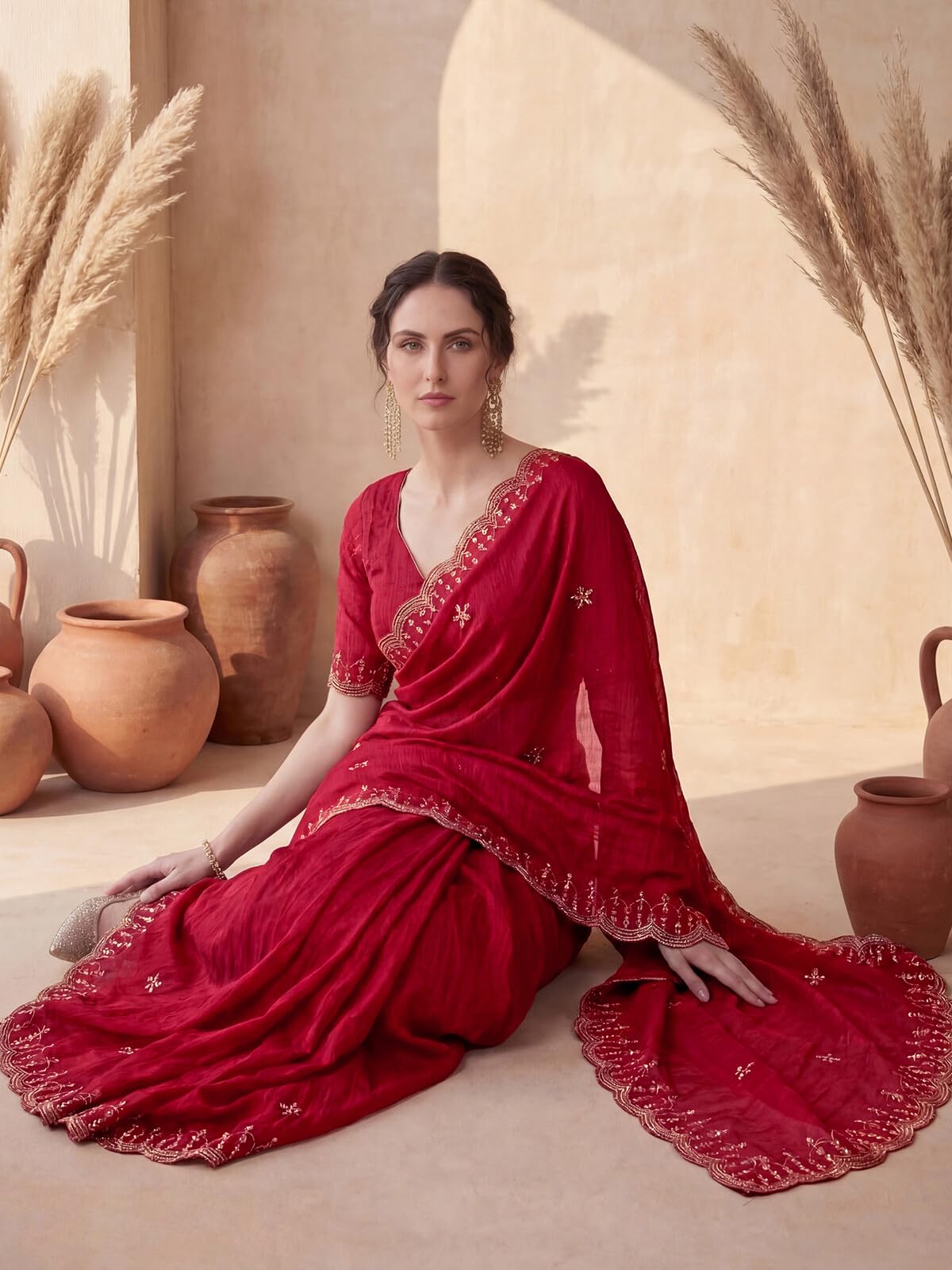 SIRIL Women's Crush Satin Scalloped Border Embellished Sequins Embroidery Saree with Unstitched Blouse Piece (4995S1162A_Red)