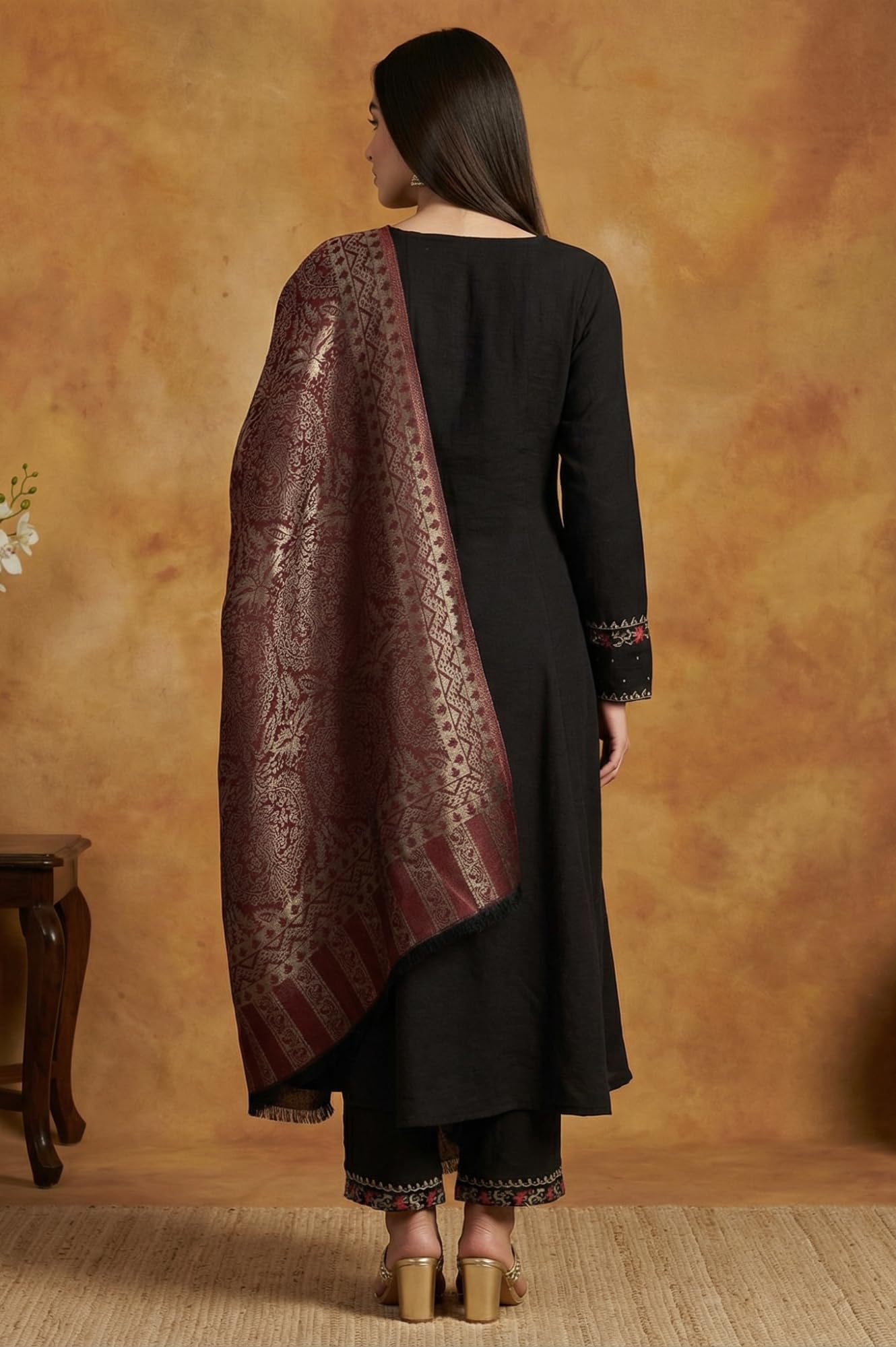 W for Woman Black Solid Rayon Blend Straight Kurta with Straight Pant and Shawl Set-(WS13323-224576-M)