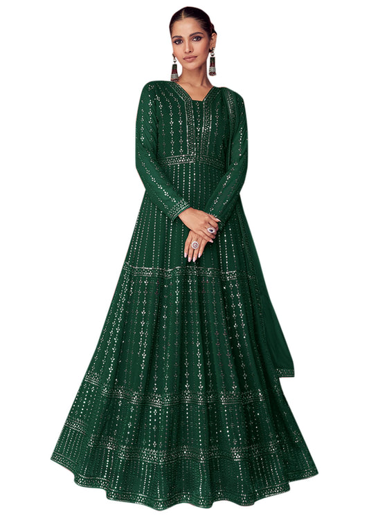 Uday Enterprise women's net with soft silk semi-stitched cording work multi color designer gown (Green)