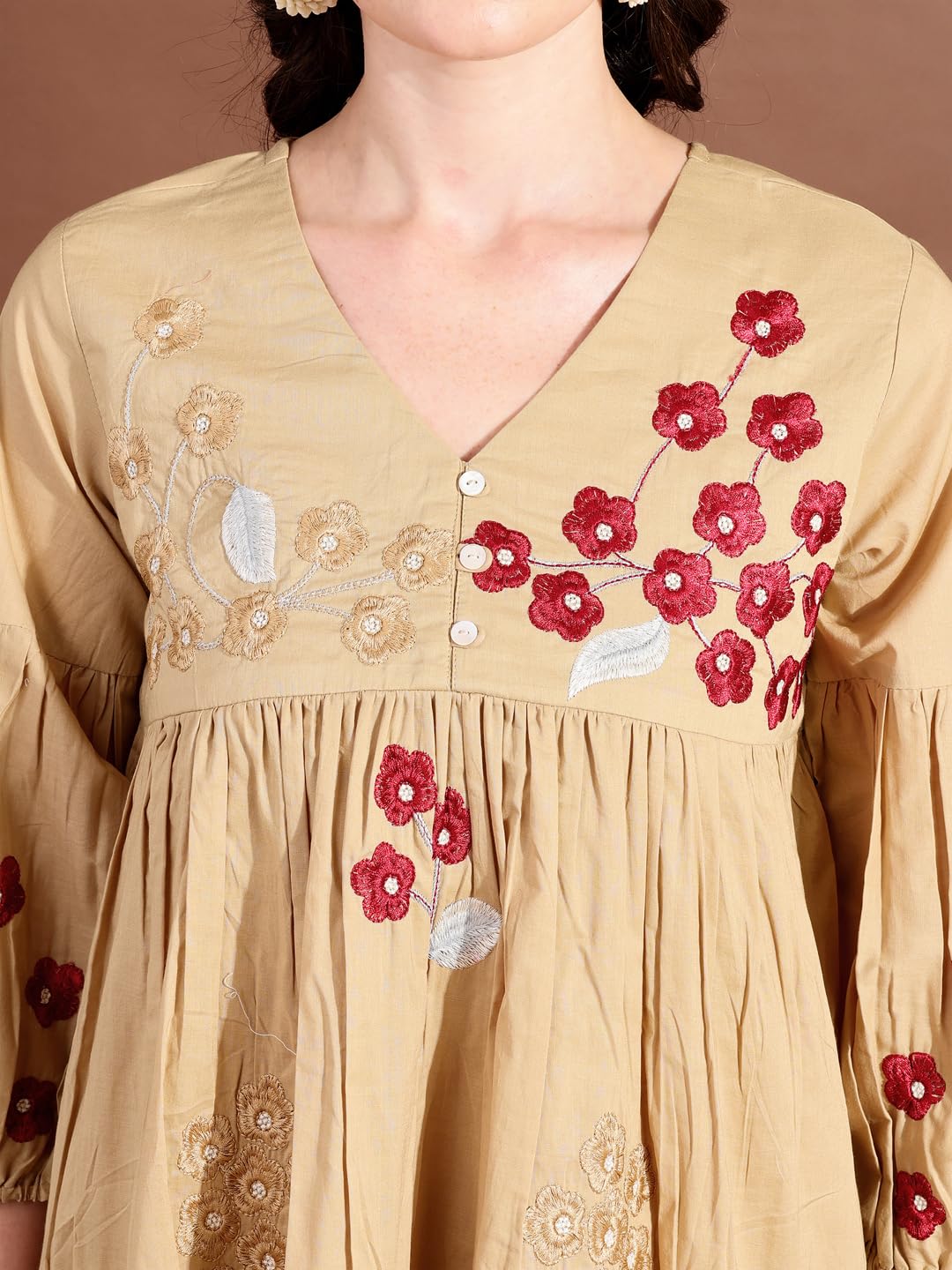 Womanista Women's Beige Cotton with All Over Embroidery V-Neck Tiered Ethnic Dress Knee Length (ETHNICDRESS_106 M)