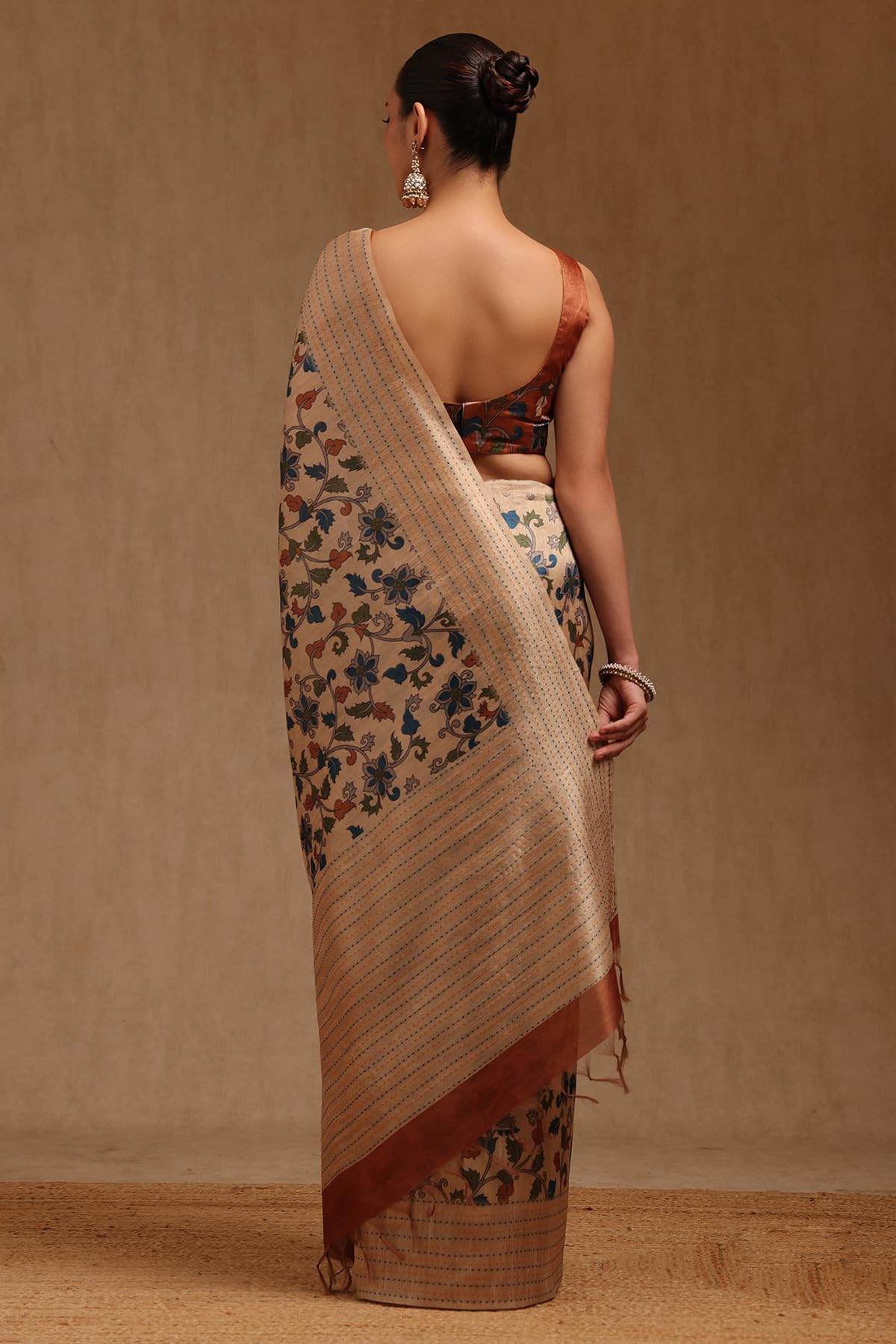 Soch Womens Beige Chanderi Botanical Print Saree With Thread Work