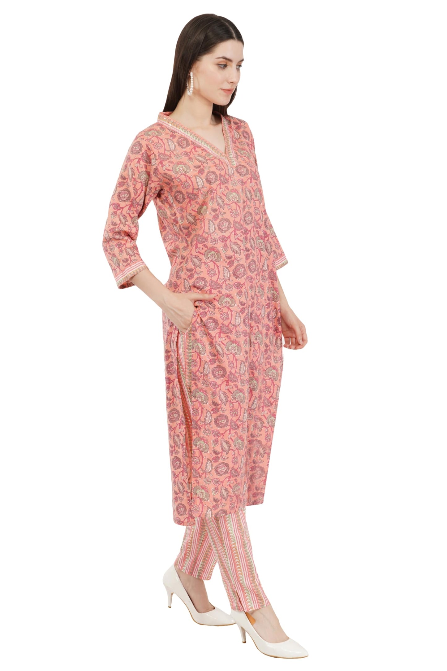 Pranjal Women's Soft Comfortable V-Neck 3/4 Length A-Line Cotton Floral Kurti-Pant and Dupatta Set (Large, Peach)
