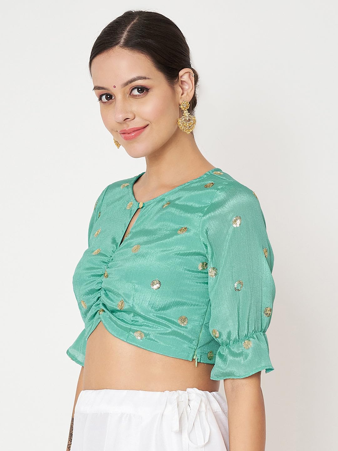 studio rasa Women's Chinon Sequin Embroidered Readymade Saree Blouse for Wedding Festive Party (TPWC524BL65L_Teal_Large)