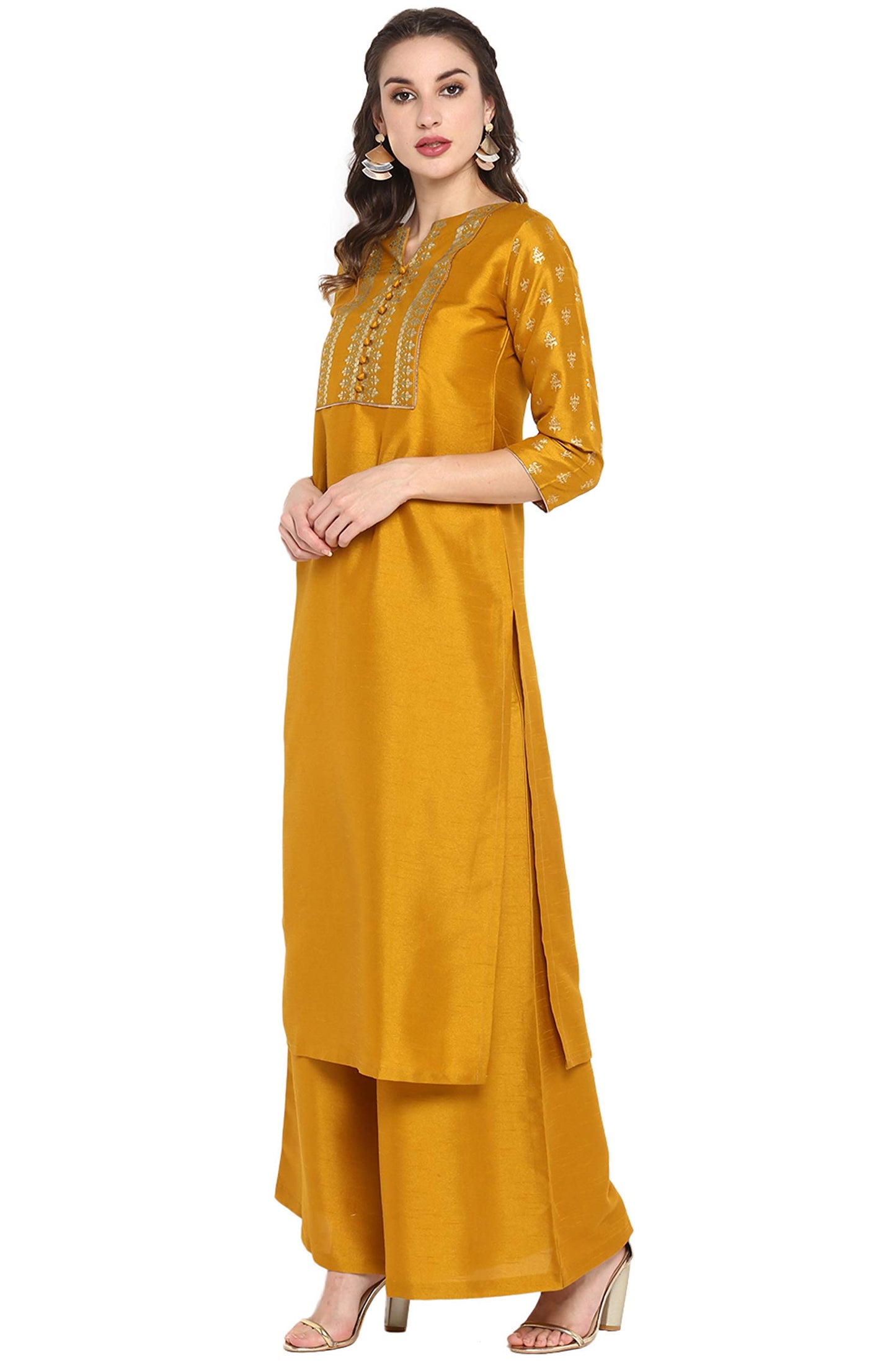Janasya Women's Mustard Silk Blend Foil Printed Kurta with Palazzo(J0003-SET-XL)