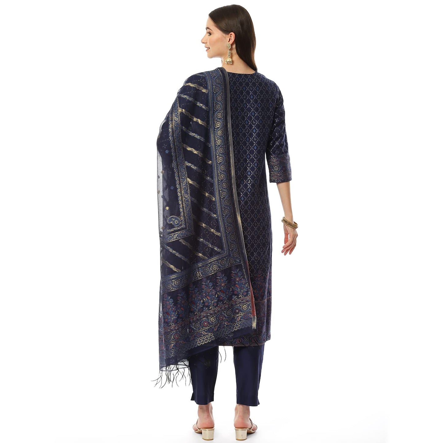 BIBA Women Cotton Yarndyed Narrow Salwar Kurta Dupatta(SKDASSORTED8386_INDIGO BLUE_42) 3Xl