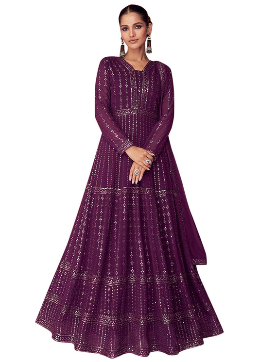 Uday Enterprise Women Faux georgette With Soft Silk Semi stitched Embroidery and Sequence Work Purple Color Designer Gown
