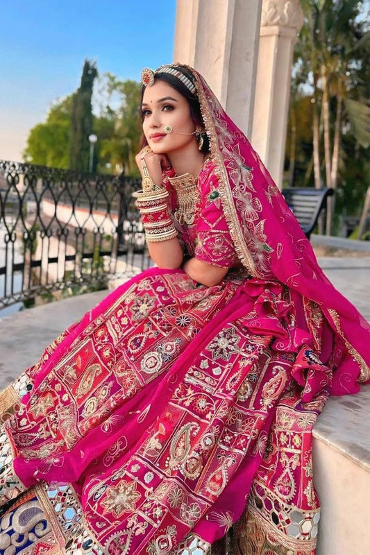 Women's Real Mirror Work Cotton Pink Lehenga Choli For Navratri