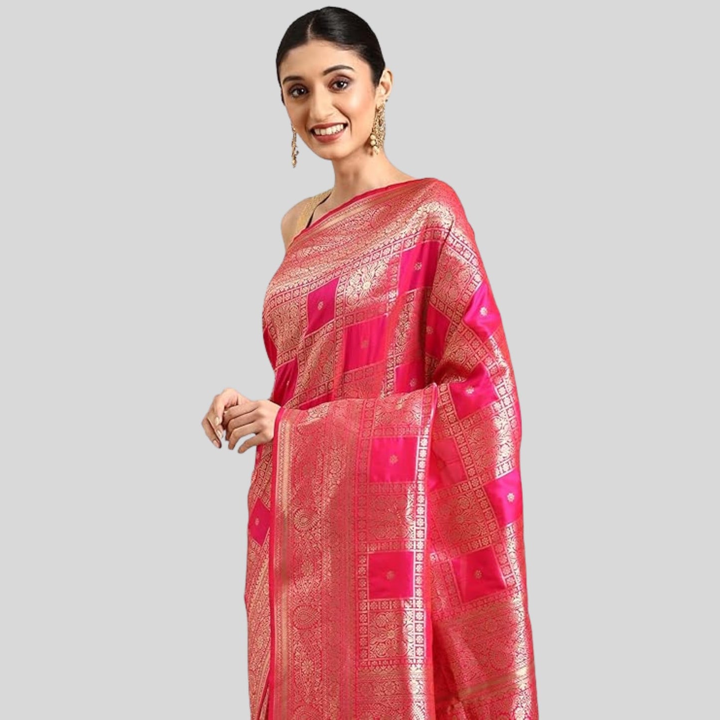 AMIRAT Women's Banarasi Silk Woven Zari Saree | Banarasi Silk New Look And Heavy Designer Saree With Unstitched Blouse Piece (Pink)