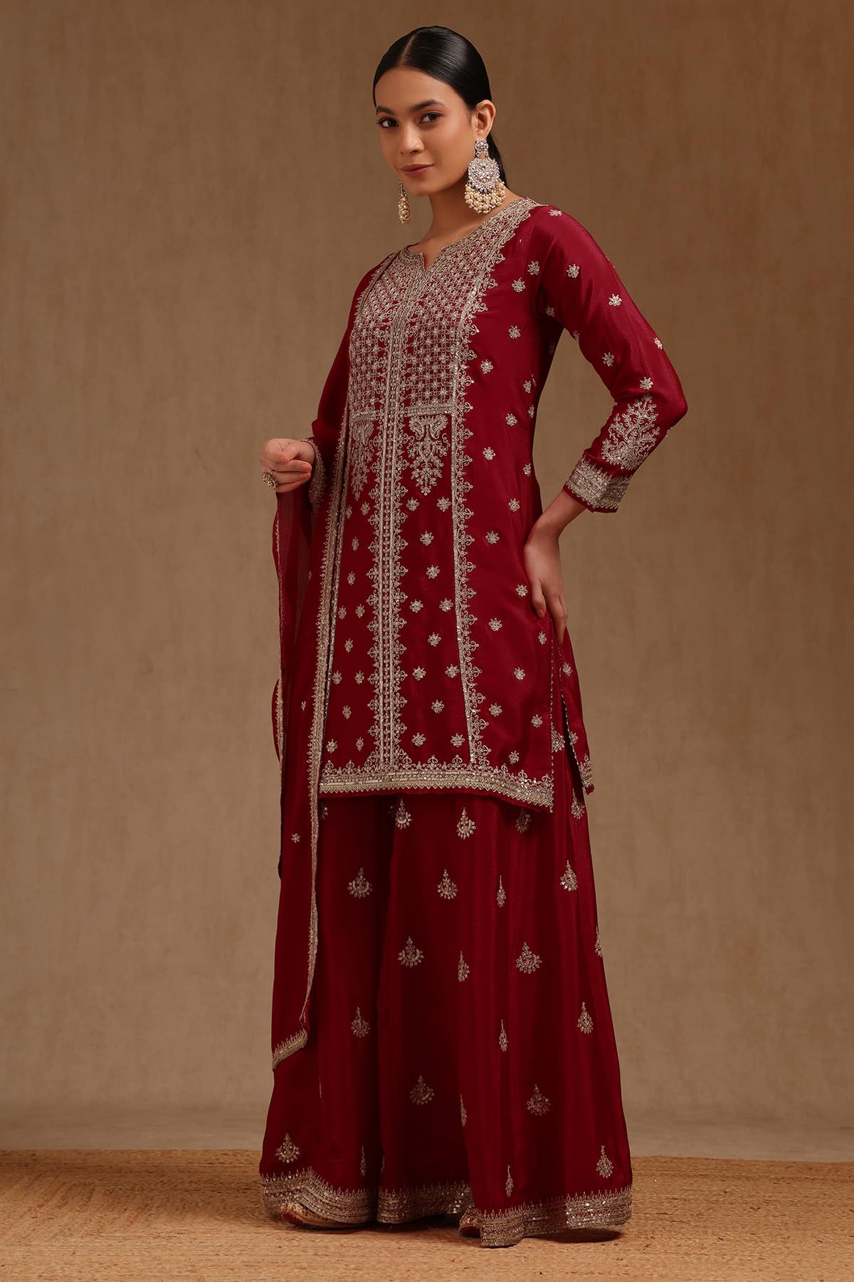 Soch Womens Brick Red Chinon Sequin Embellished Salwar Suit