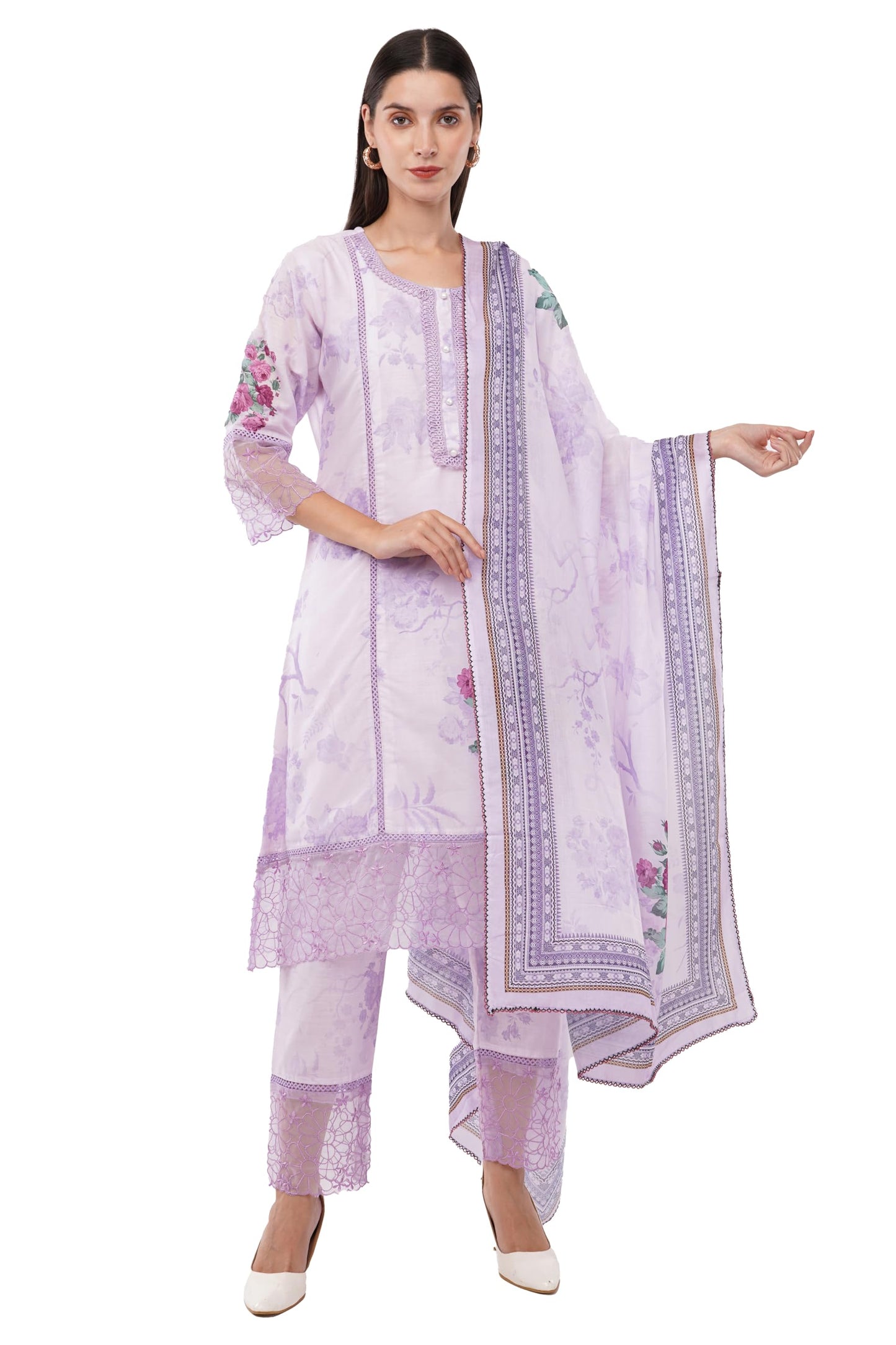 dhartii Lavender Suit Set for Women | Breathable Soft Cotton fabric for Effortless Comfort | 3- Piece Floral Printed Dress with Stylish Sheer Detailing | Elegant Ethnic Wear with a Relaxed Fit |