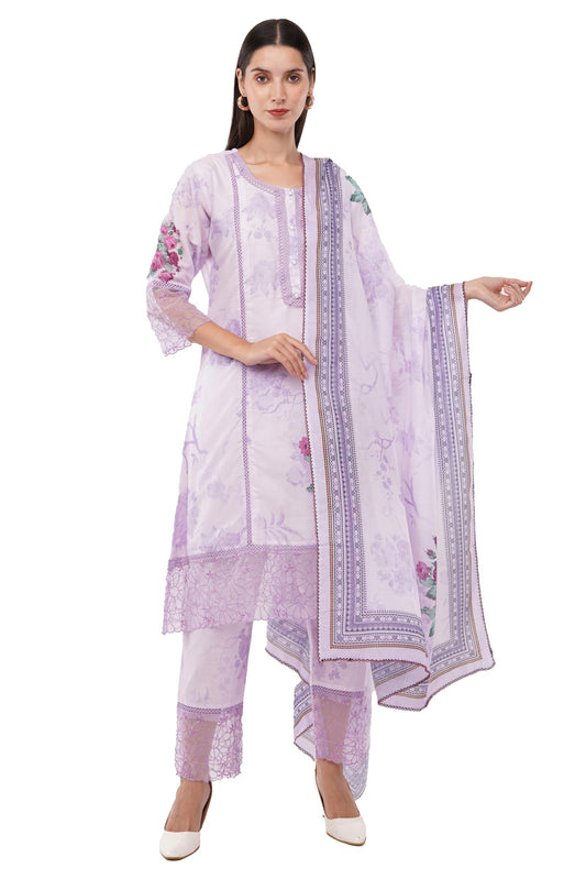 dhartii Lavender Suit Set for Women | Breathable Soft Cotton fabric for Effortless Comfort | 3- Piece Floral Printed Dress with Stylish Sheer Detailing | Elegant Ethnic Wear with a Relaxed Fit |