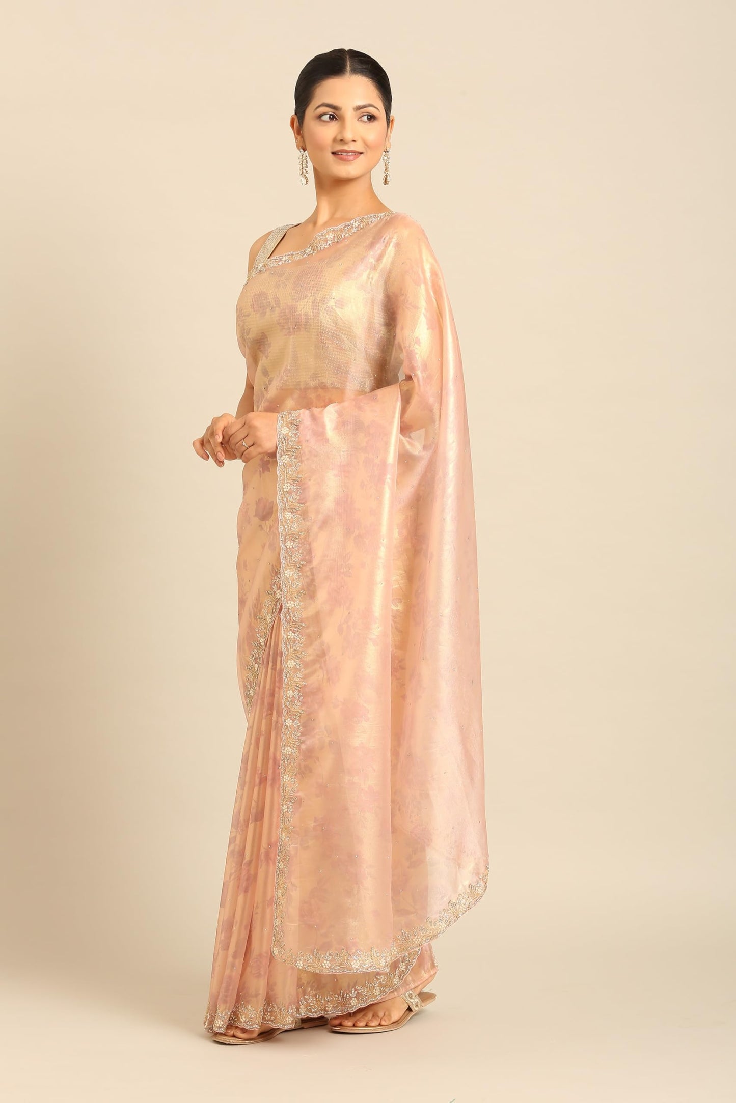 MOHEY Women's Pink Net Hand Embroidered|Stone Work Saree