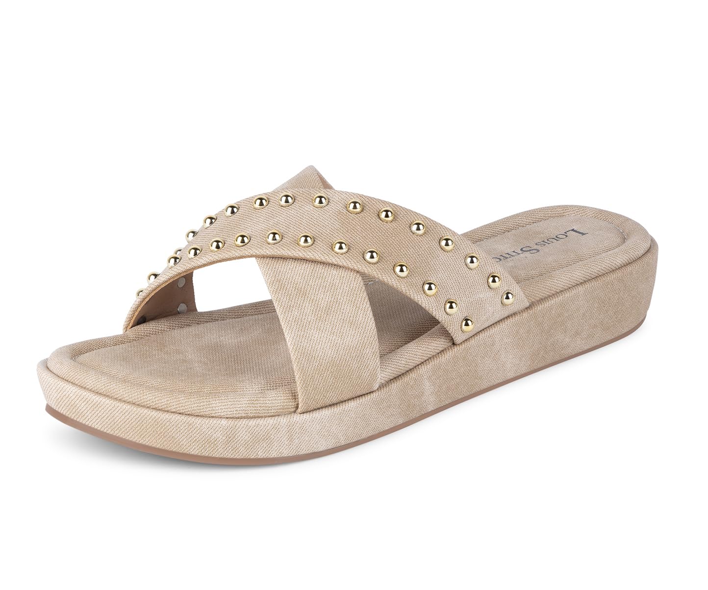 LOUIS STITCH Women's Stylish Beige Flat Sandals with Cross Strap & Beaded Embellishments – Perfect for Office | LSOF-LDSL-BDCSBG