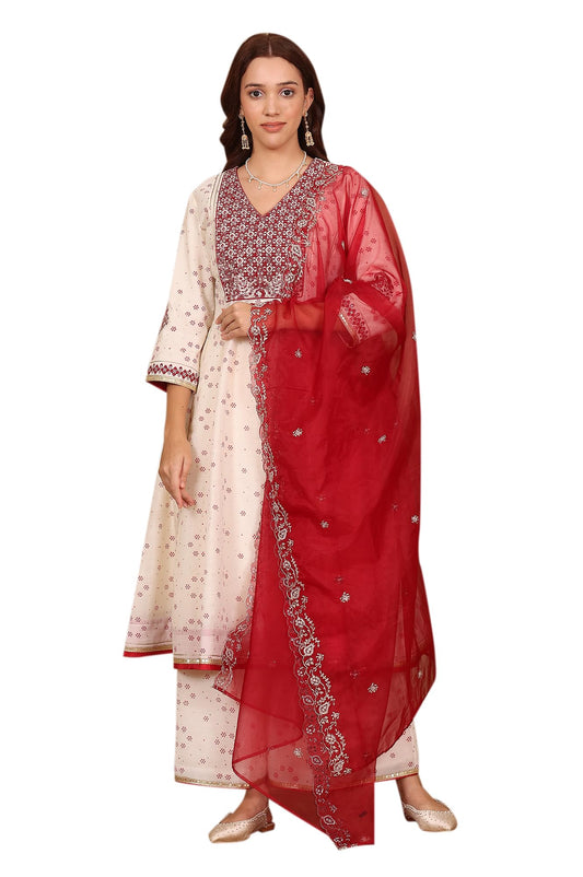 W for Woman Wishful Whisper White Dot Printed Embroidered Chanderi Anarkali Kurta, Flared Pants and Dupatta Set (Size: XXL)-24AUSP11726-124351