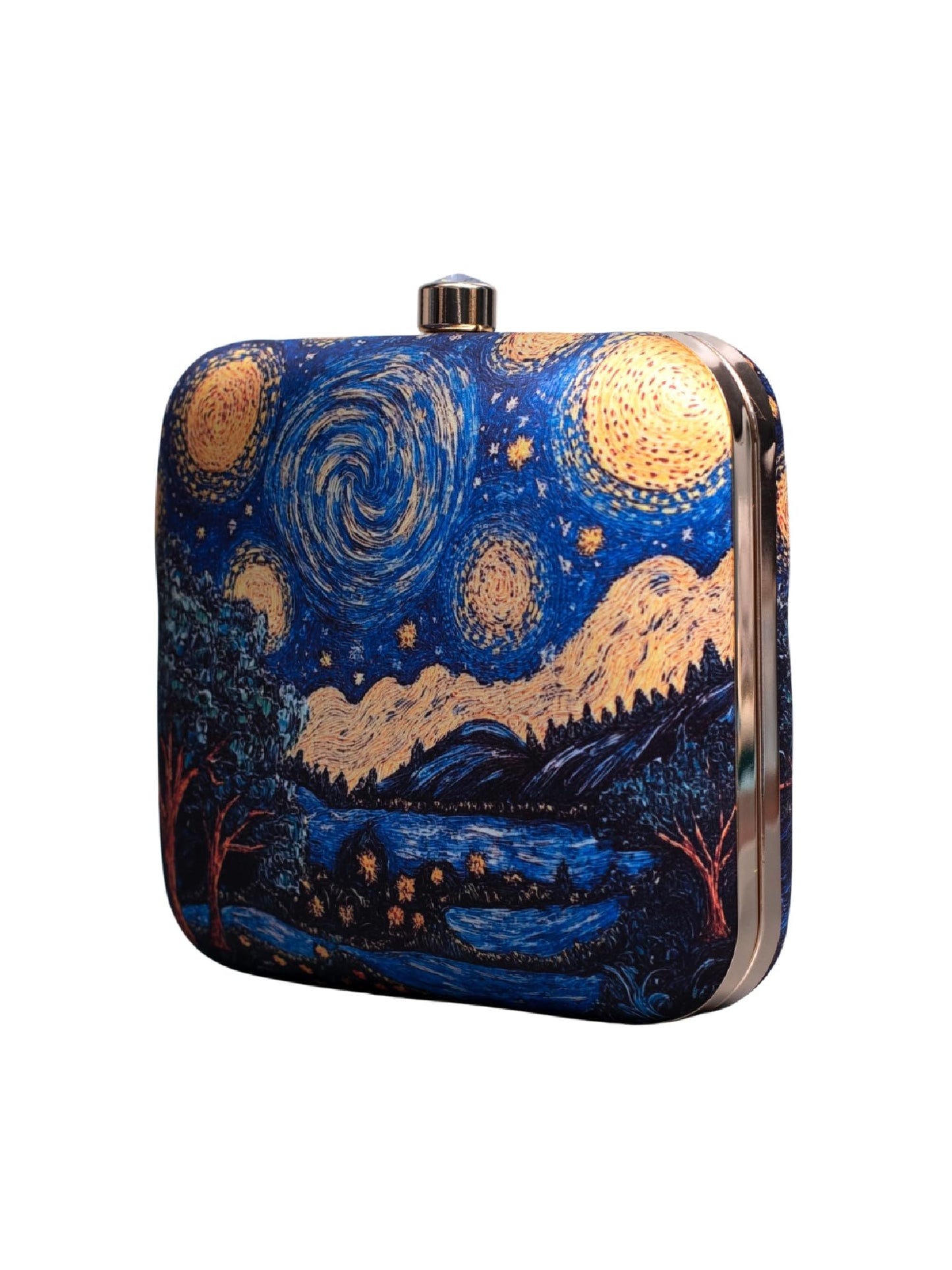 Artklim Blue Star Night Art Printed Golden Strap Quirky Box Clutch for Women - Sling Purse - Valentine’s Day Gift for Girlfriend