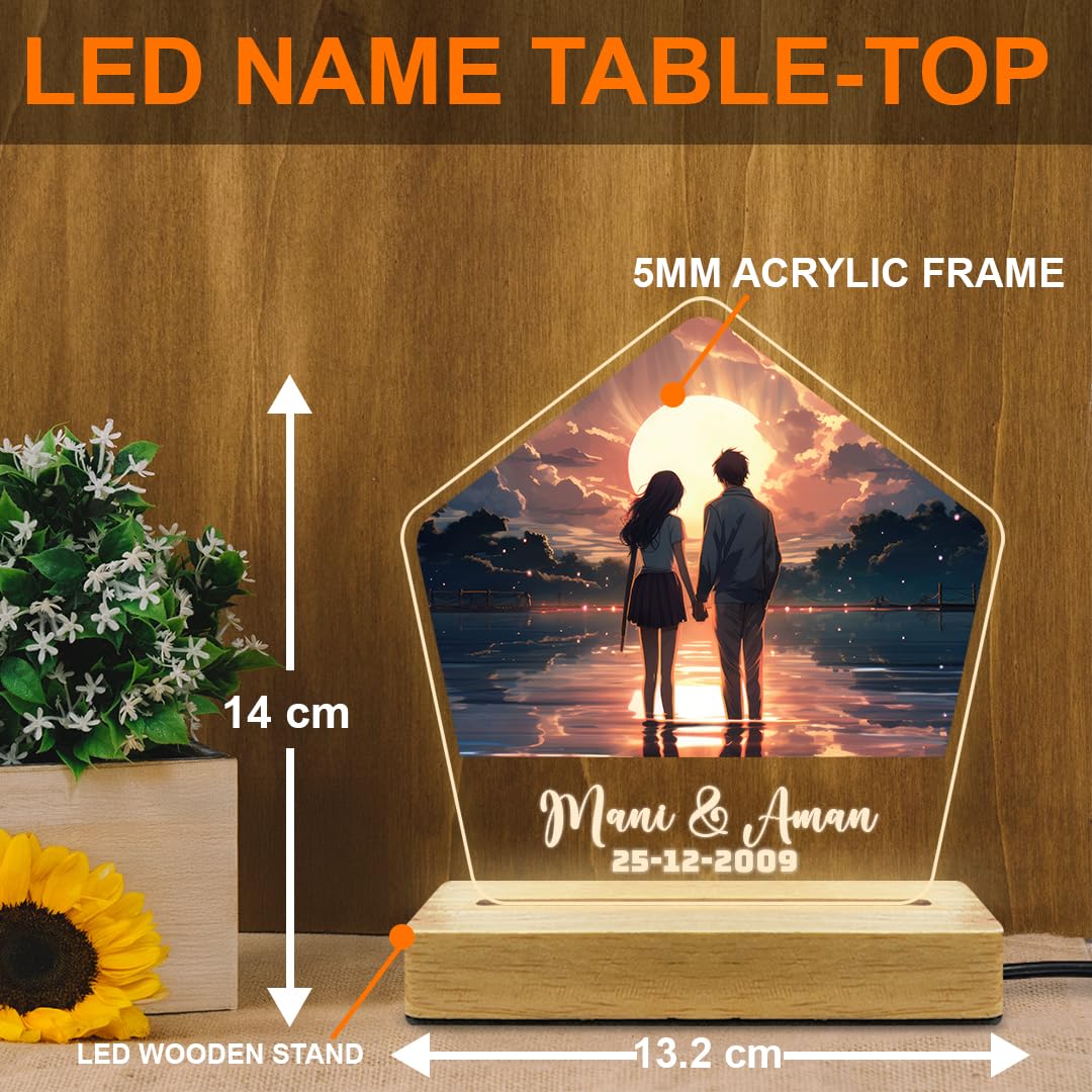 Fashionury Customized LED Photo and Name Table-Top Lamp – Custom Acrylic Night Light with Wooden Stand, Romantic Couple Design, Anniversary & Wedding Gift, Home & Bedroom Decor