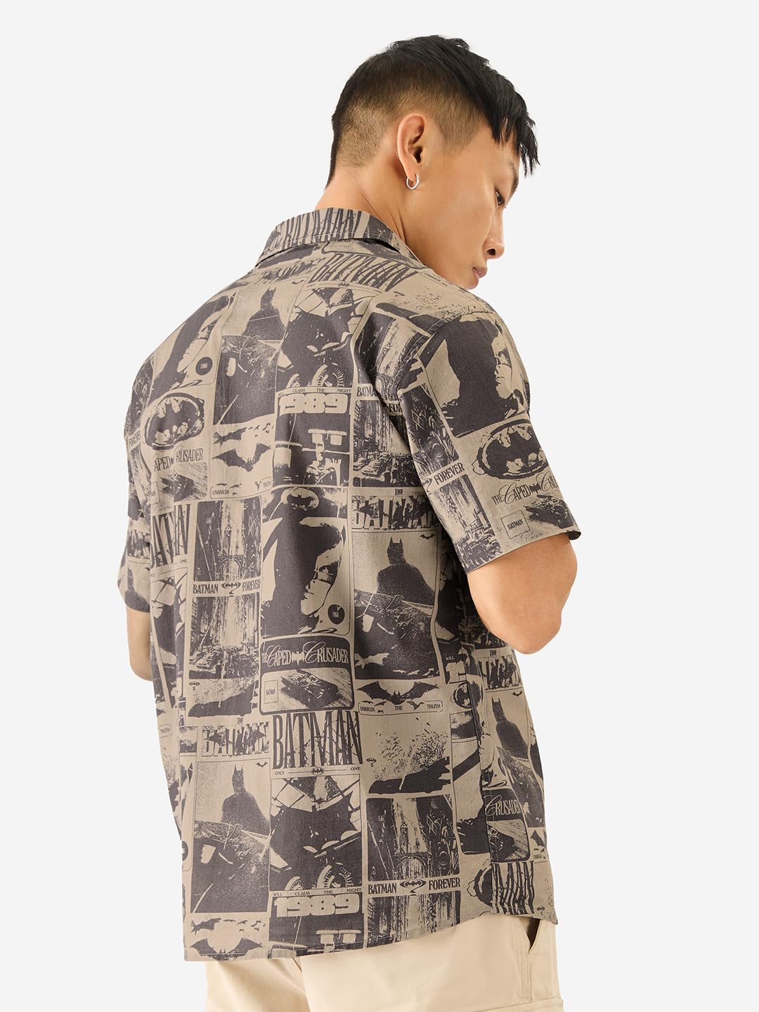 The Souled Store Official Batman: 1989 Men and Boys Short Sleeve Collared Neck Button Down Grey All Over Print Cotton Summer Shirts