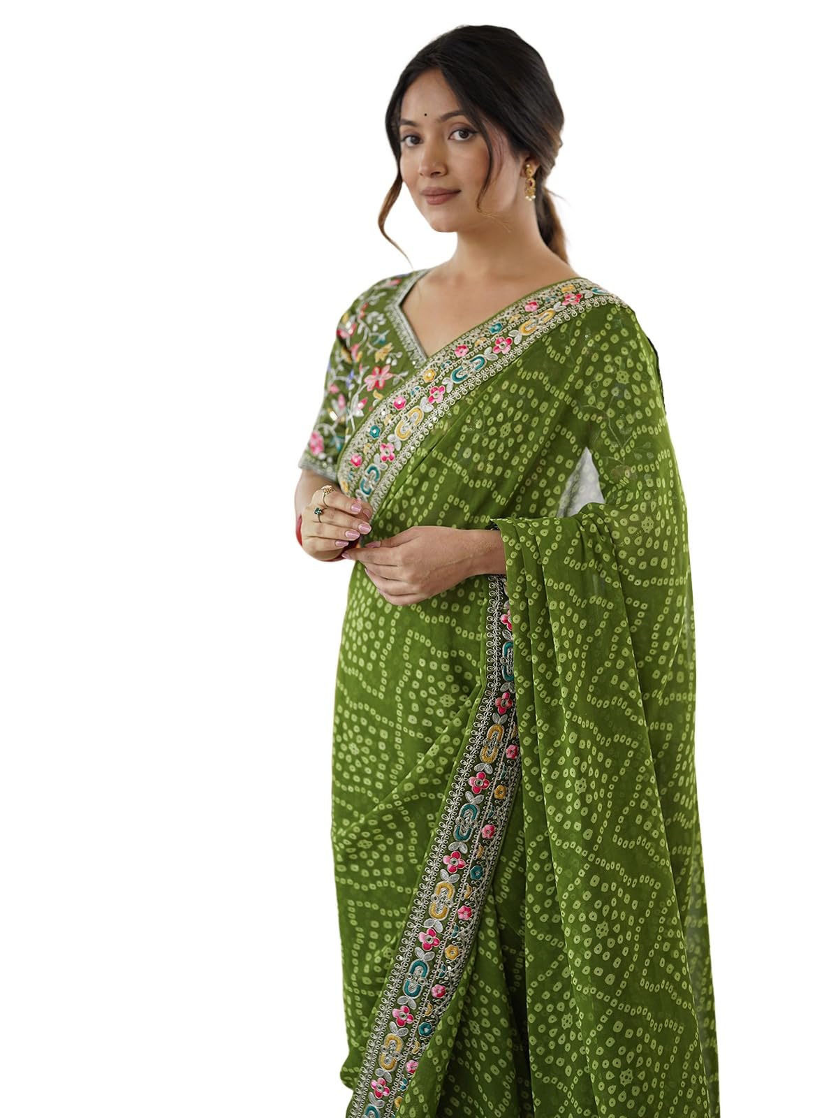 Satrani Women's Georgette Bandhani Printed Festive Saree with Unstitched Blouse Piece (4486S554N_Mehandi Green)