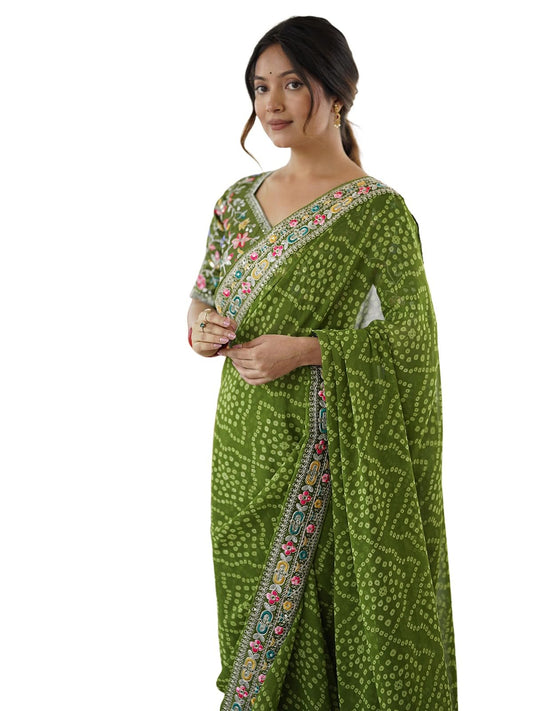 Satrani Women's Georgette Bandhani Printed Festive Saree with Unstitched Blouse Piece (4486S554N_Mehandi Green)