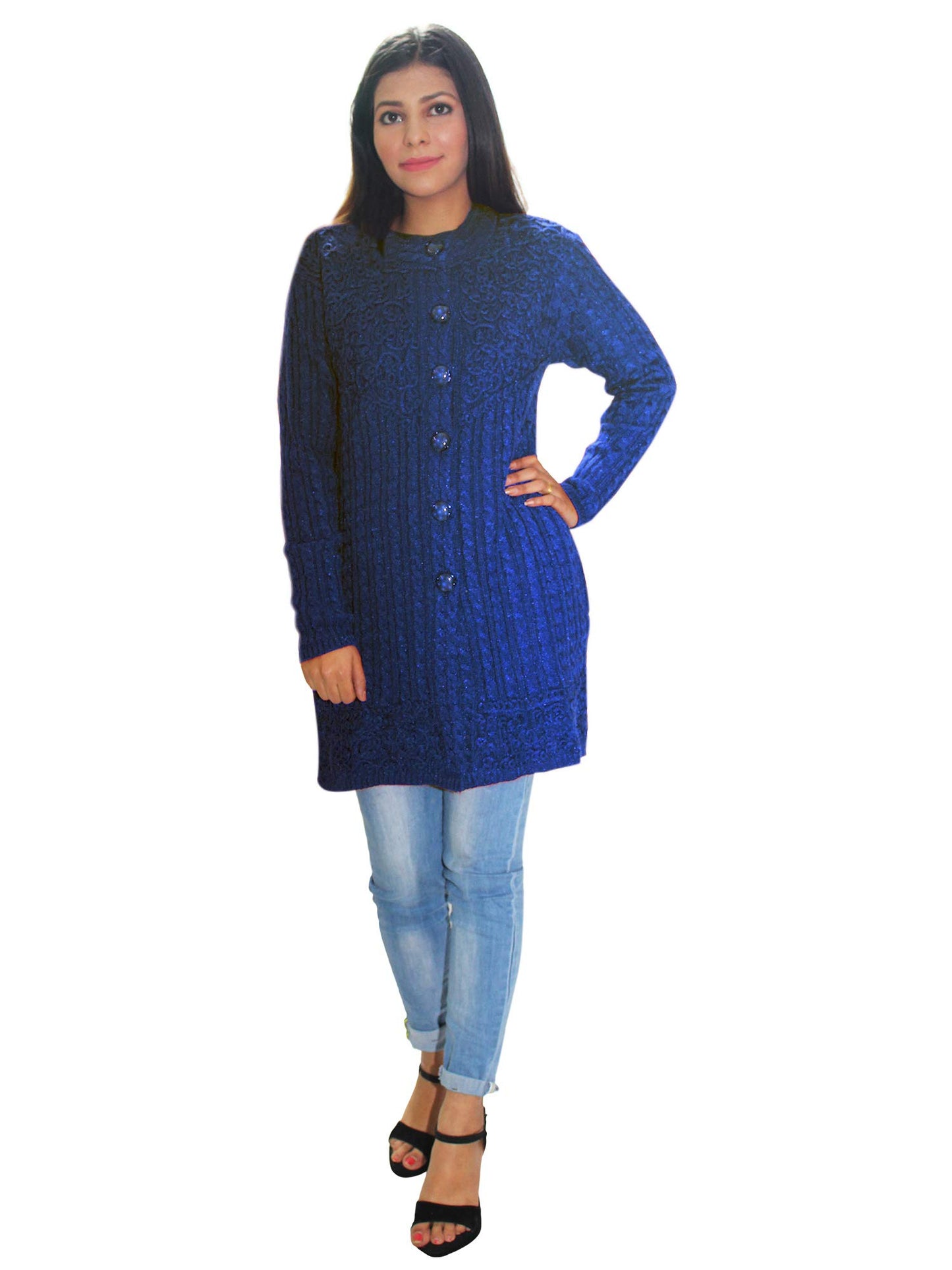 HAUTEMODA Women's Wool Round Neck Embroidered Long Cardigan Sweater (Ad04Sa01_Peach) (3XL, Navy Blue)