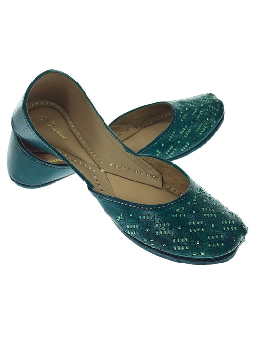 Fulkari Women's 3D Tanka Dark Green Gold Zarriwork Genuine Soft Leather Jutis | Bite and Pinch Free Juttis | Punjabi Jutti | Girl's Office Flat Ladies Mojari | dailywear Ethnic Juti | 36