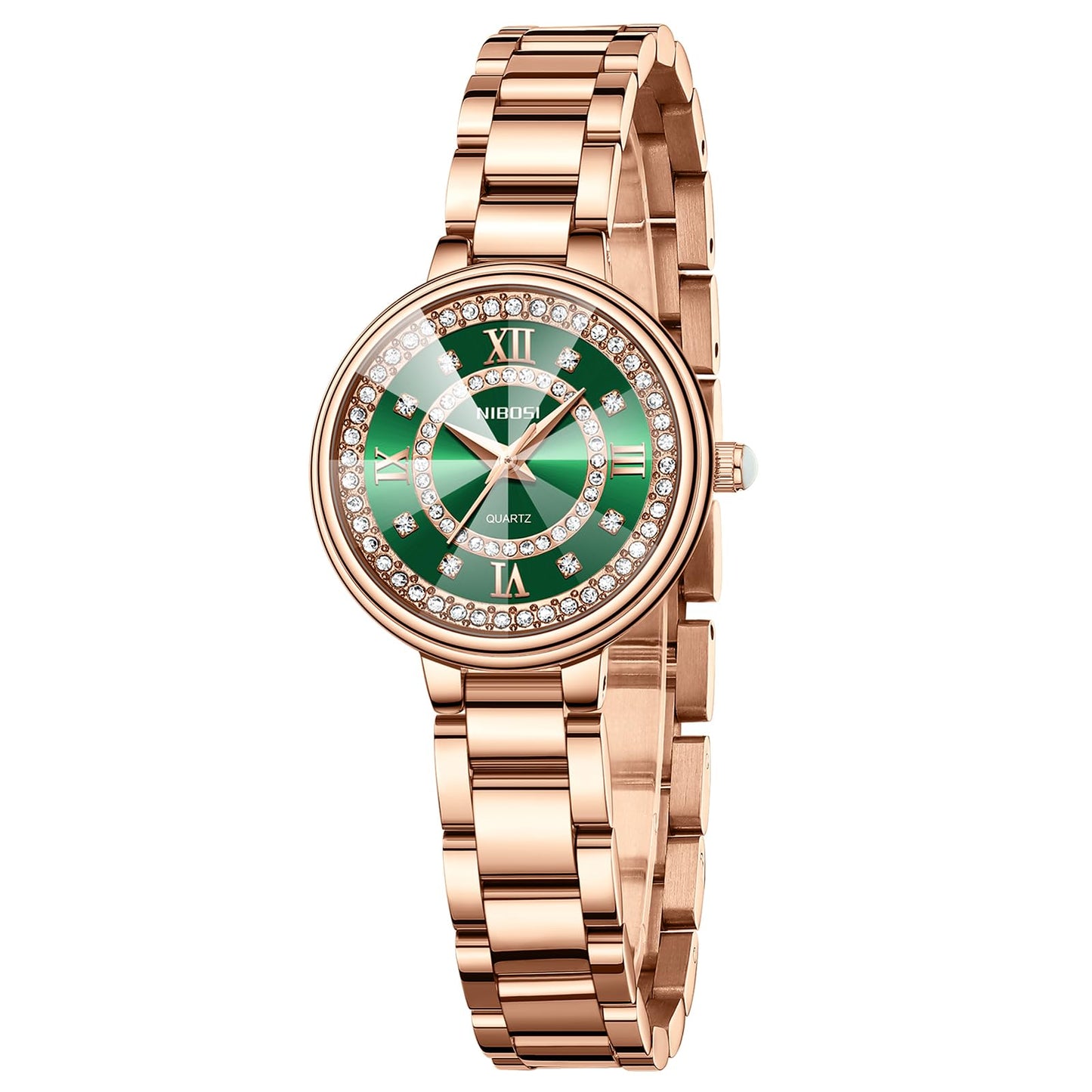 NIBOSI Women Watches Rose Gold Stainless Steel Analog Quartz Luxury Diamond Latest Watch for Ladies Luxury Stylish Waterproof (Rose Green)