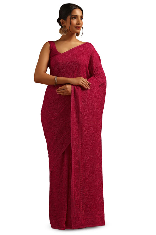 Soch Womens Fuchsia Georgette Botanical Saree With Stone Work