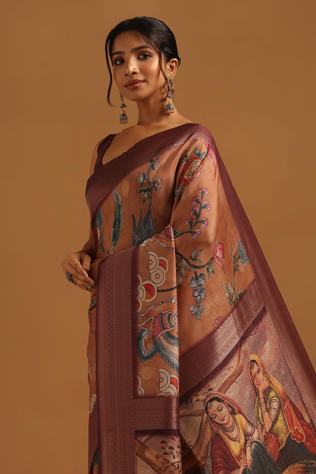 Soch Womens Wine Poly Silk Kalamkari Saree
