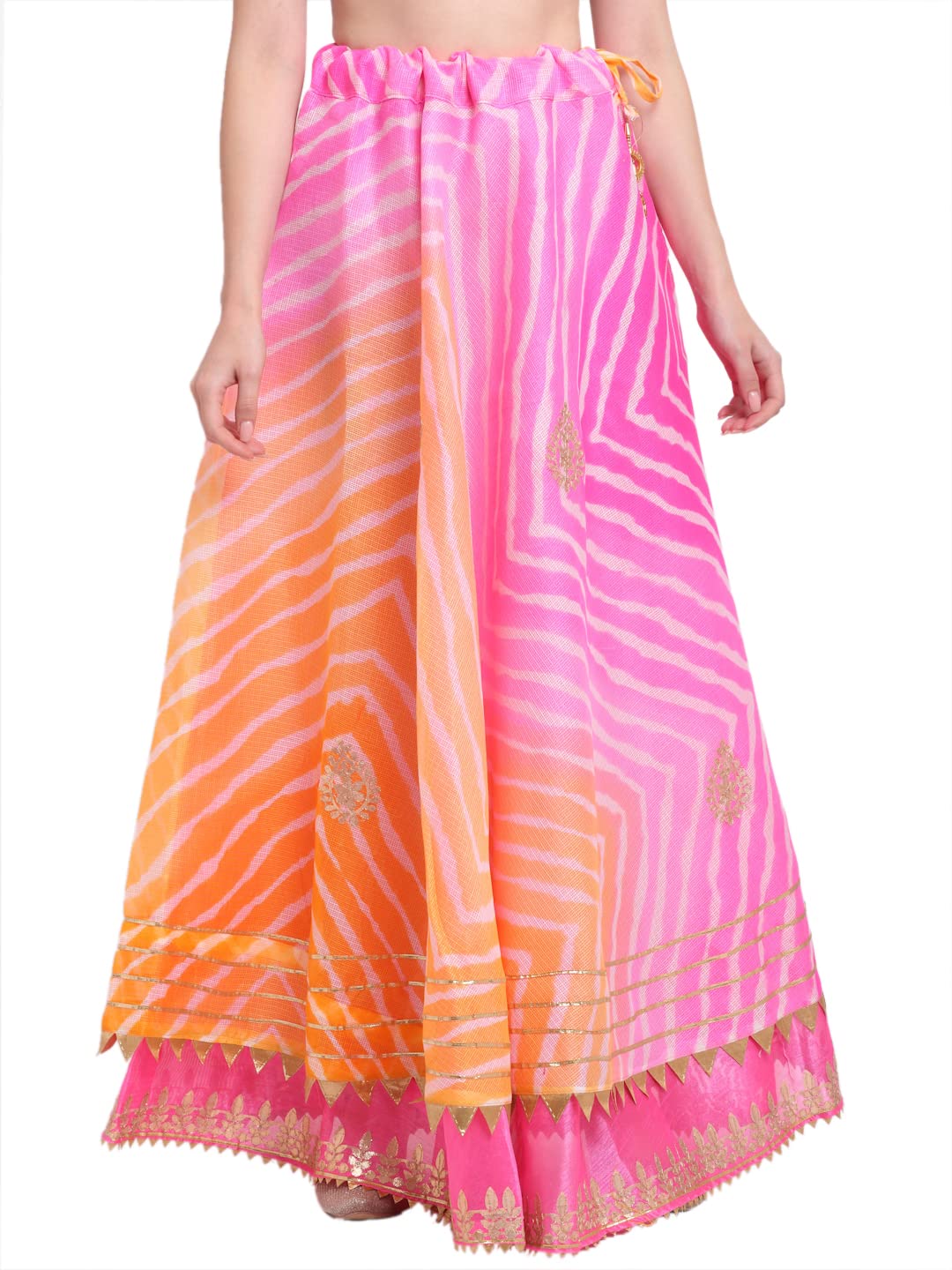 JABAMA® Women's Cotton Kota Doriya Gota Patti Work Lehenga Skirt (Pink-Orange, M, SK368-M_GRP)