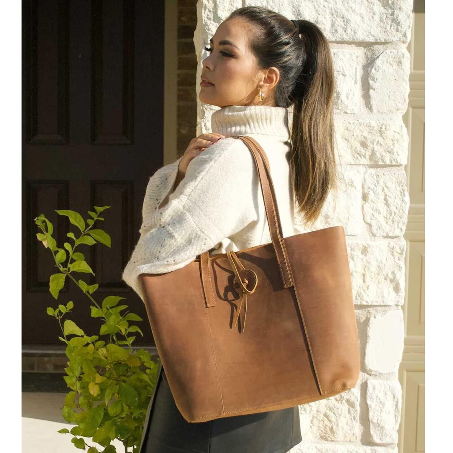 S-ZONE Vintage Genuine Leather Shoulder Tote Bag for Women (Large) - Light Brown