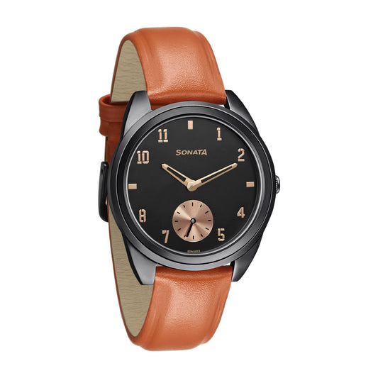 Sonata Women of Steel Black Dial Leather Strap Analog Watch for Women-8182NL01