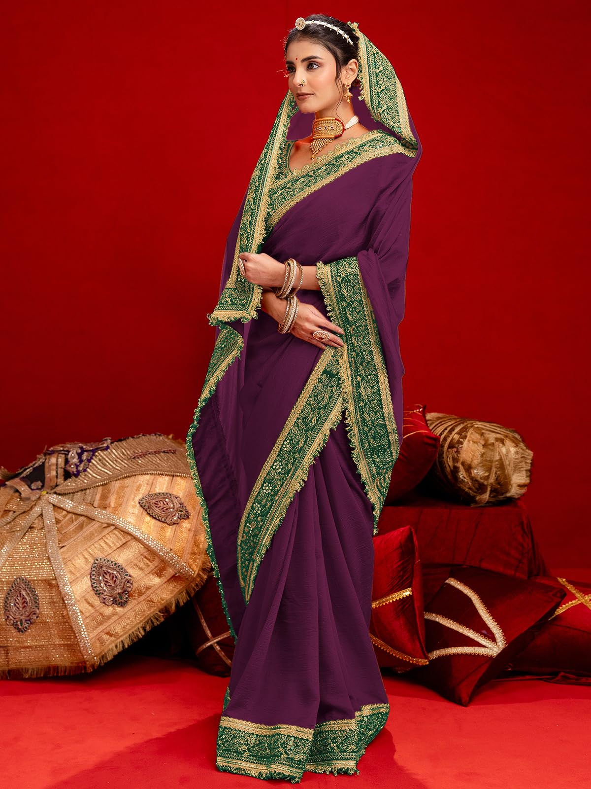 SIRIL Women's Vichitra Silk Sequins Embroidery Lace Saree With Unstitched Blouse Piece(5015S3584_Dark Purple)