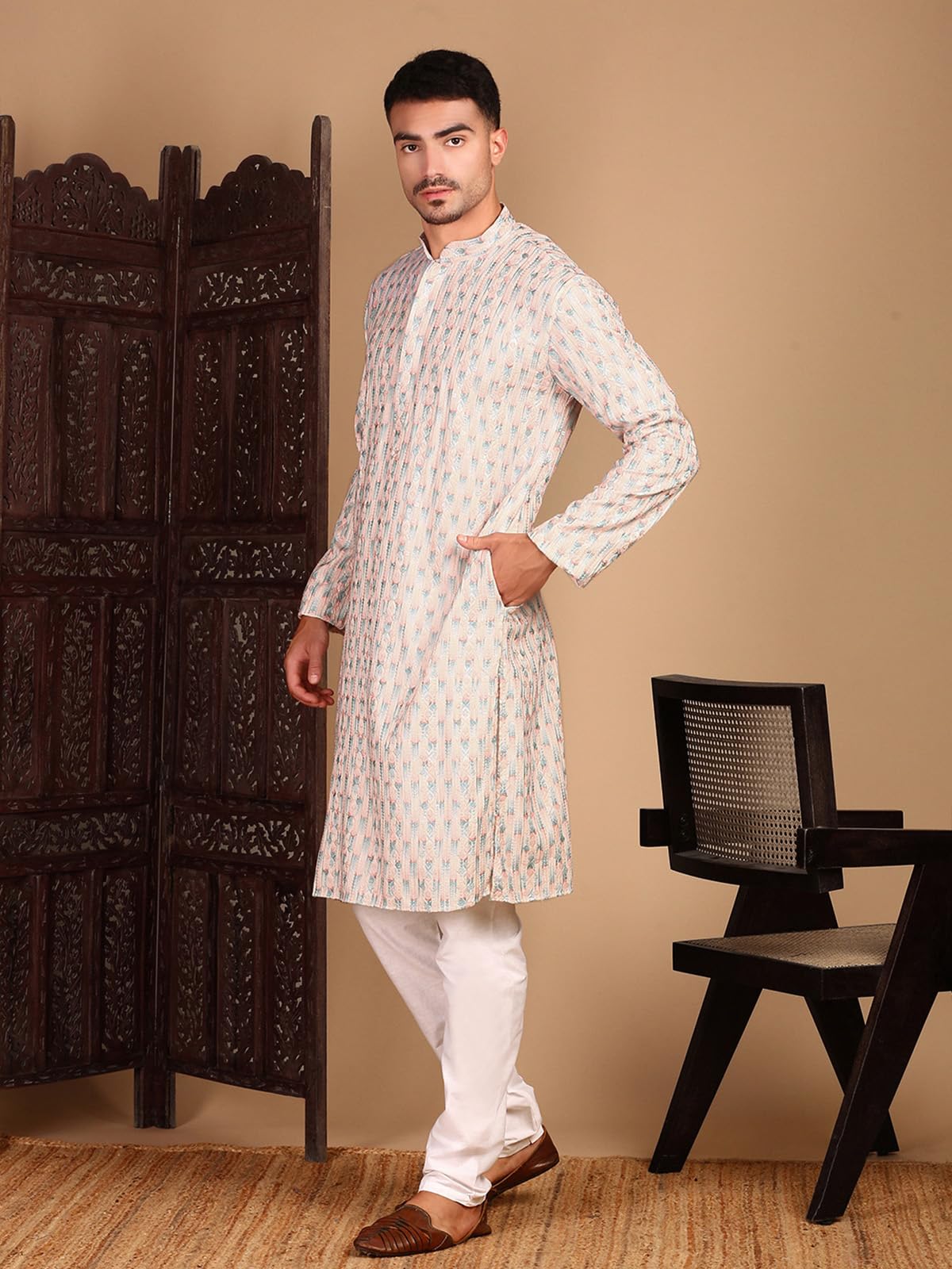 Sanwara Men's Cotton Floral Regular Kurta Set
