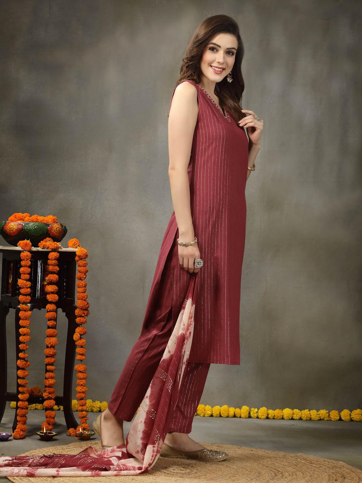 Stylum Women's Woven Designed Cotton Blend Straight Kurta Pant with Dupatta