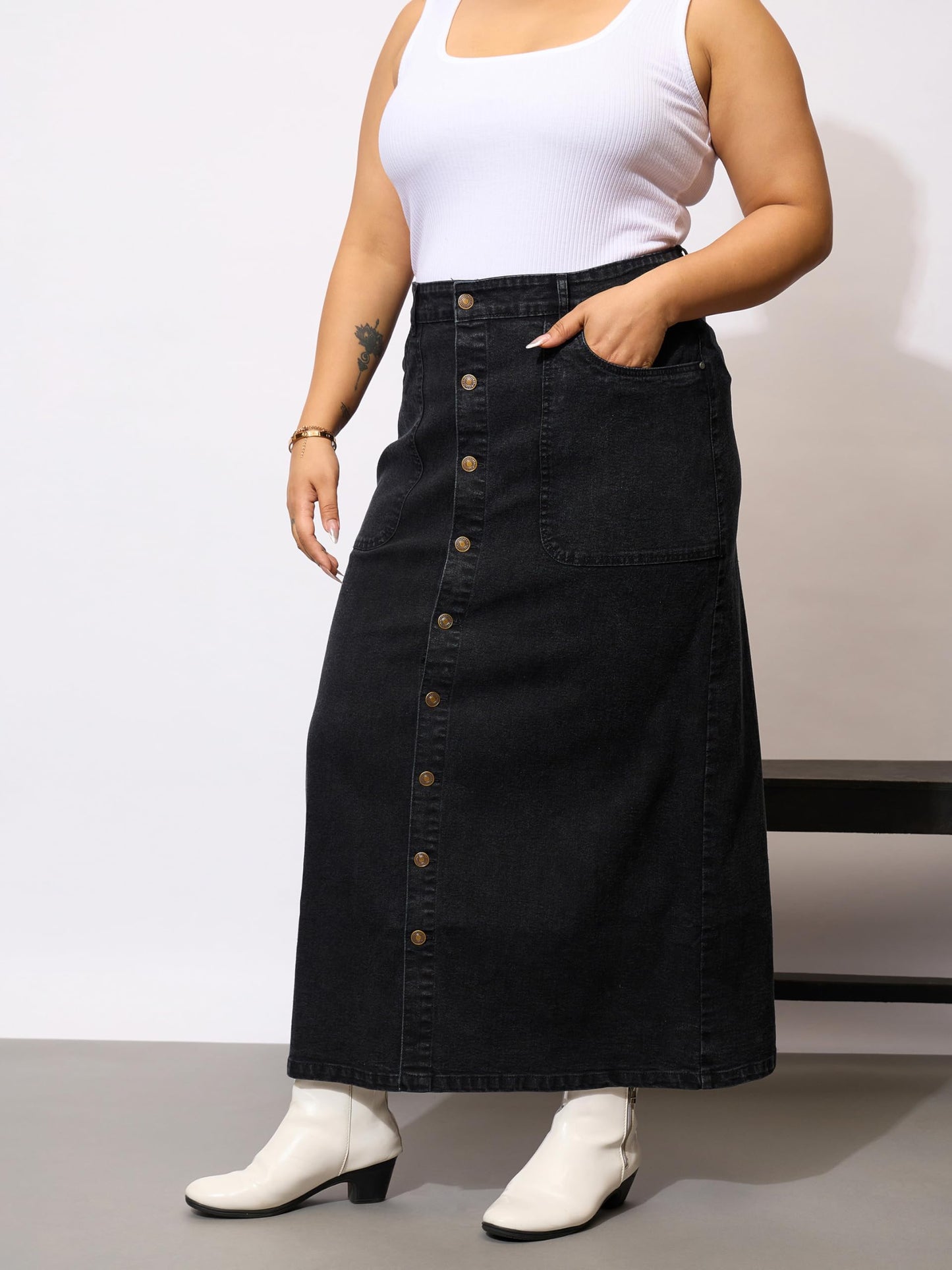 Black Denim Acid Wash Front Button Skirt