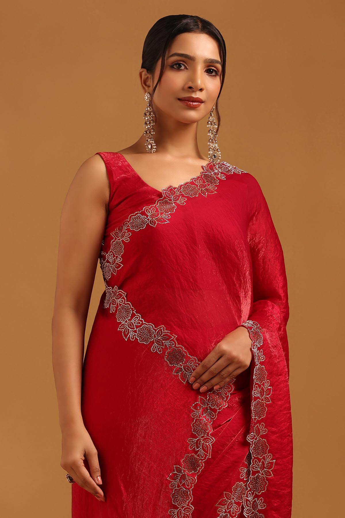 Soch Womens Red Fendy Organza Saree With Stone Work