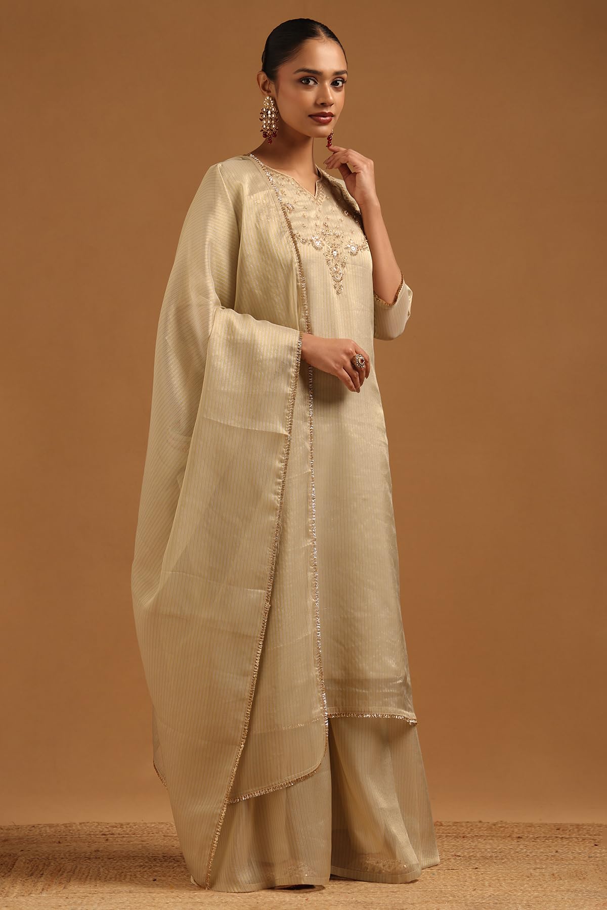 Soch Womens Beige Tissue Stripes Salwar Suit With Sequins
