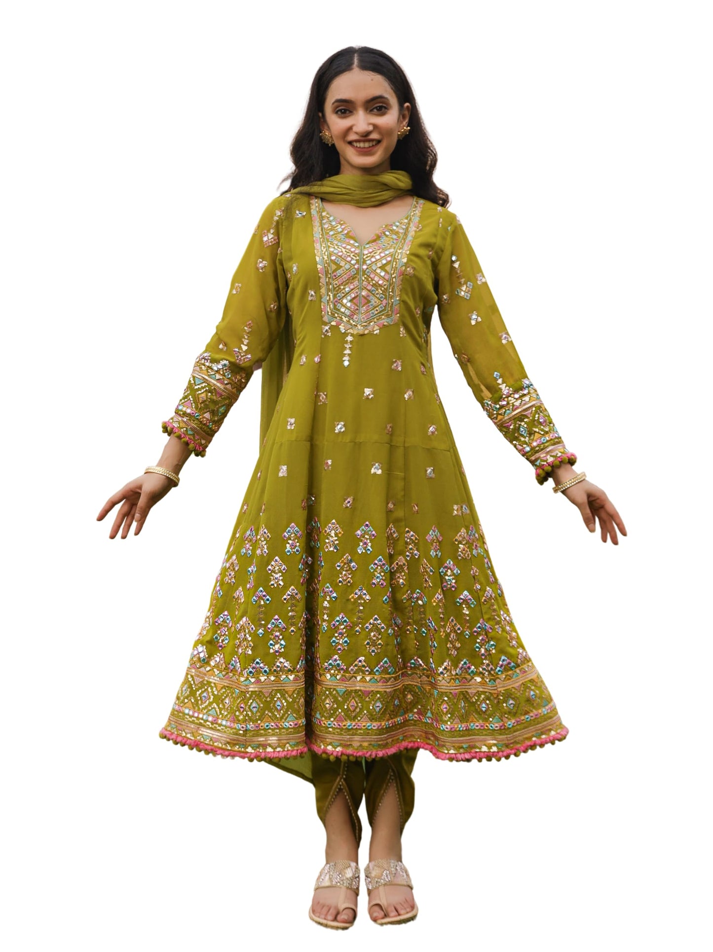 Juniper Green Thread Embroidered Georgette Kurta Dhoti Pant & Dupatta Set With Mirror Work & Sequins