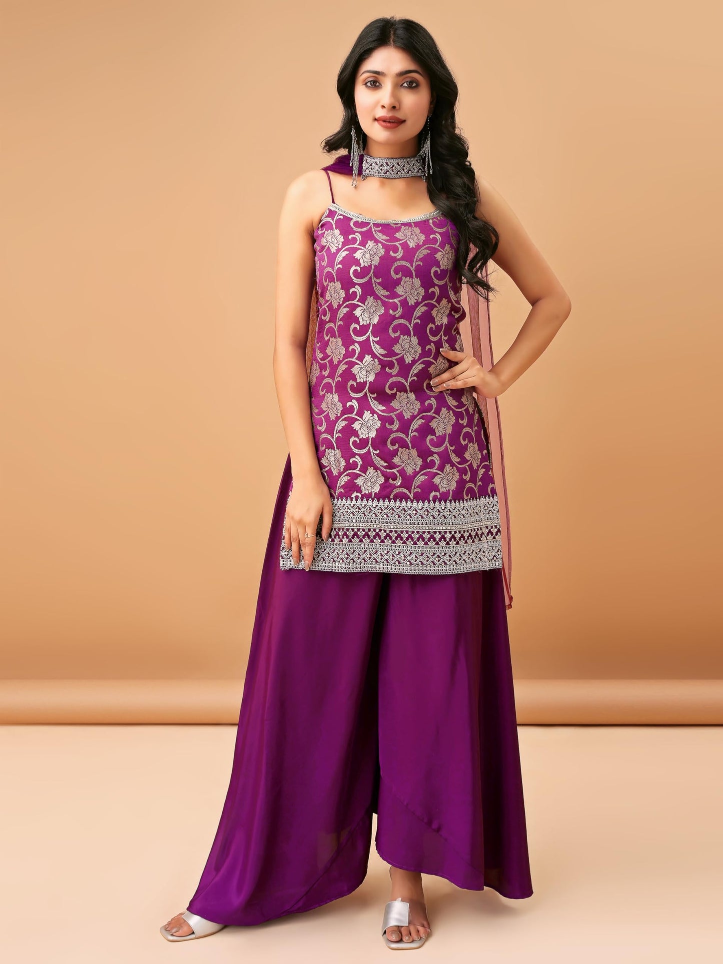 MAVIXA Women's Embroidered Kurta and Sharara with Dupatta | Wedding Suit | Kurta Set | (IN, Alpha, XL, Regular, Purple)