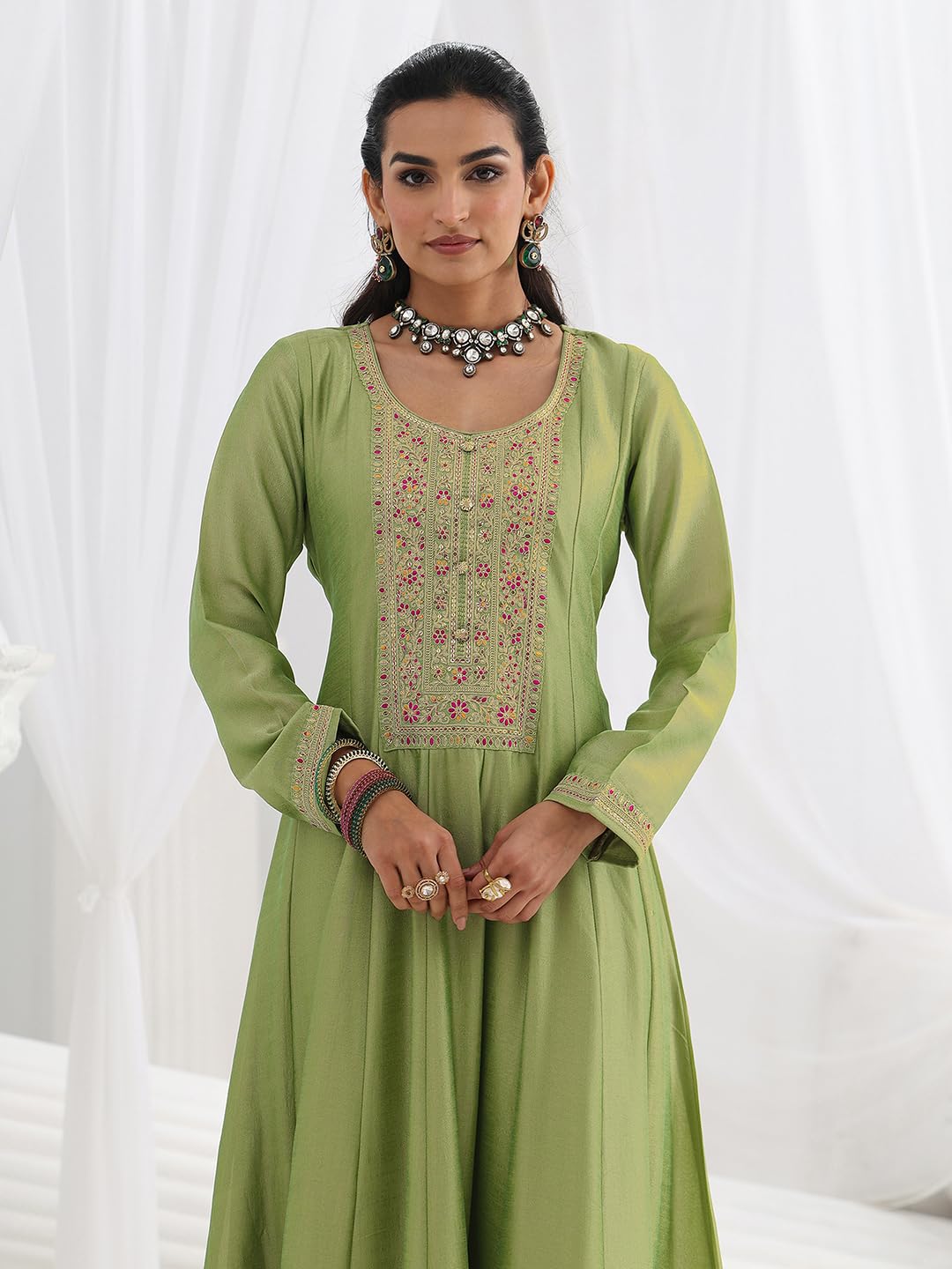 Libas Embroidered Silk Blend A-Line Ethnic Dress with Dupatta-93632L