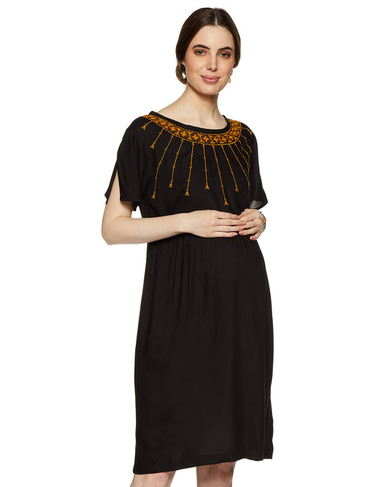 MomStory Women's Rayon Pleated Knee-Long Dress (MDRF501873_Black_XL)