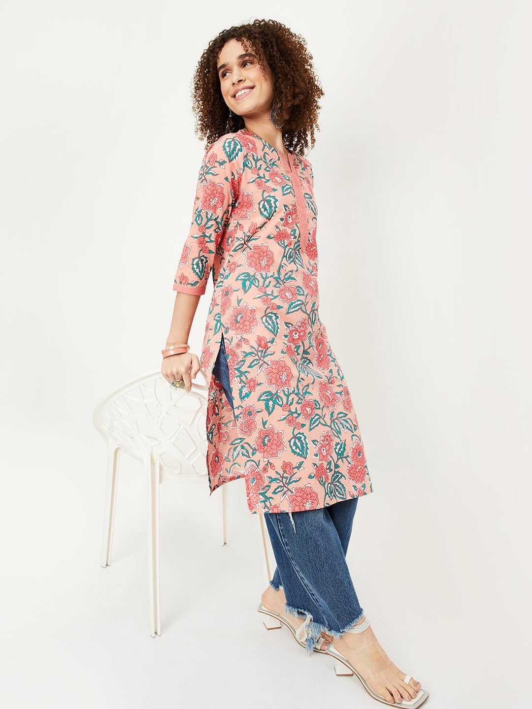 Max Women Cotton Printed Straight Regular Fit Kurta (Pkvi41001Pink)_L