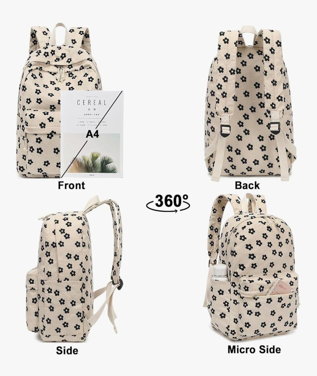 Satic School & College Backpack for Teens Large 25L Corduroy Bookbag Lightweight for Girls Women Lightweight Travel Backpack (Floral Beige)