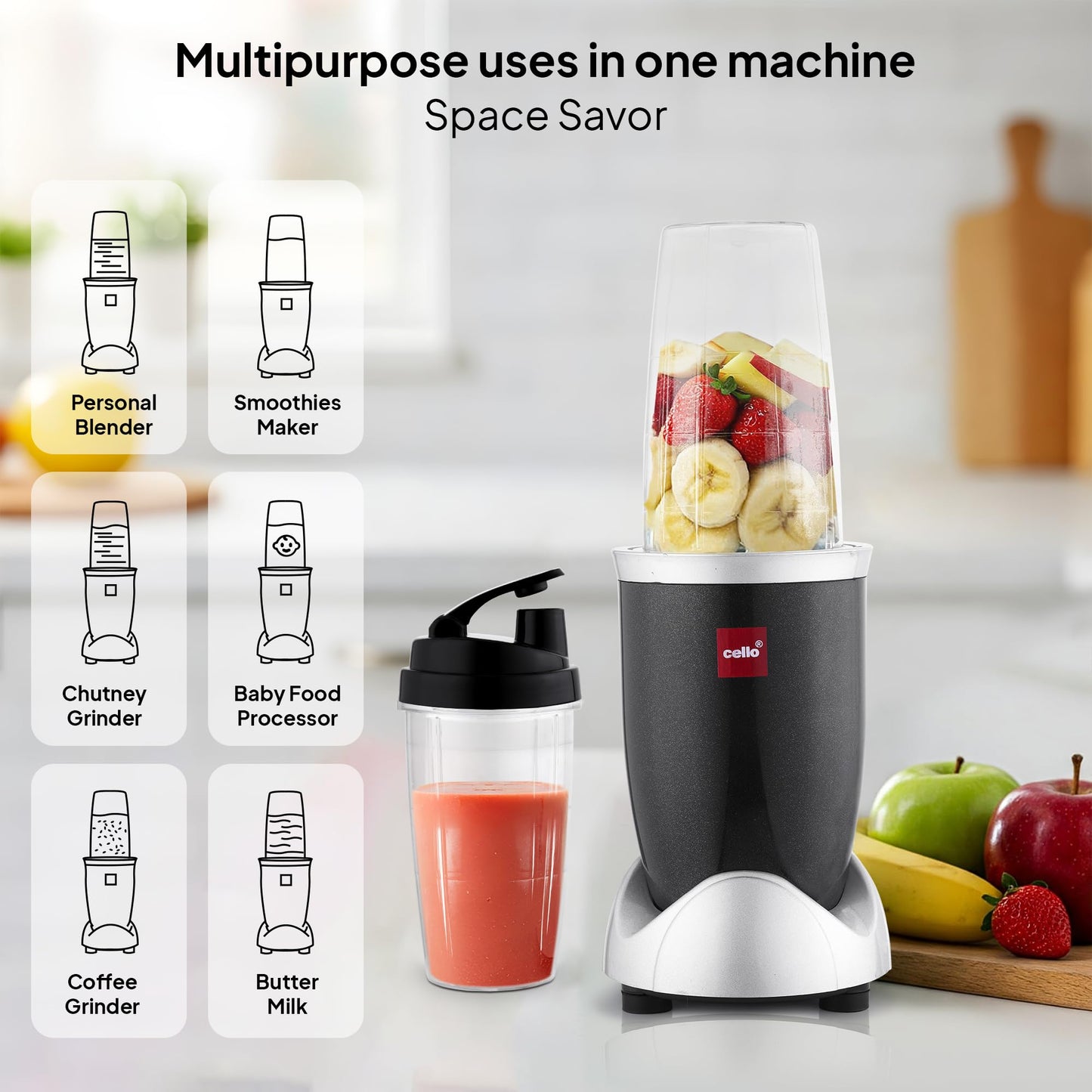 Cello Nutri Maxx Pro Mixer Grinder | 500W Copper Motor | 2 Jars + 1 Sipper Bottle | SS Blades | Cut, Chop, Blend, Whip & More | Juicer, Smoothie & Chutney Maker | 2-Year Warranty | Black