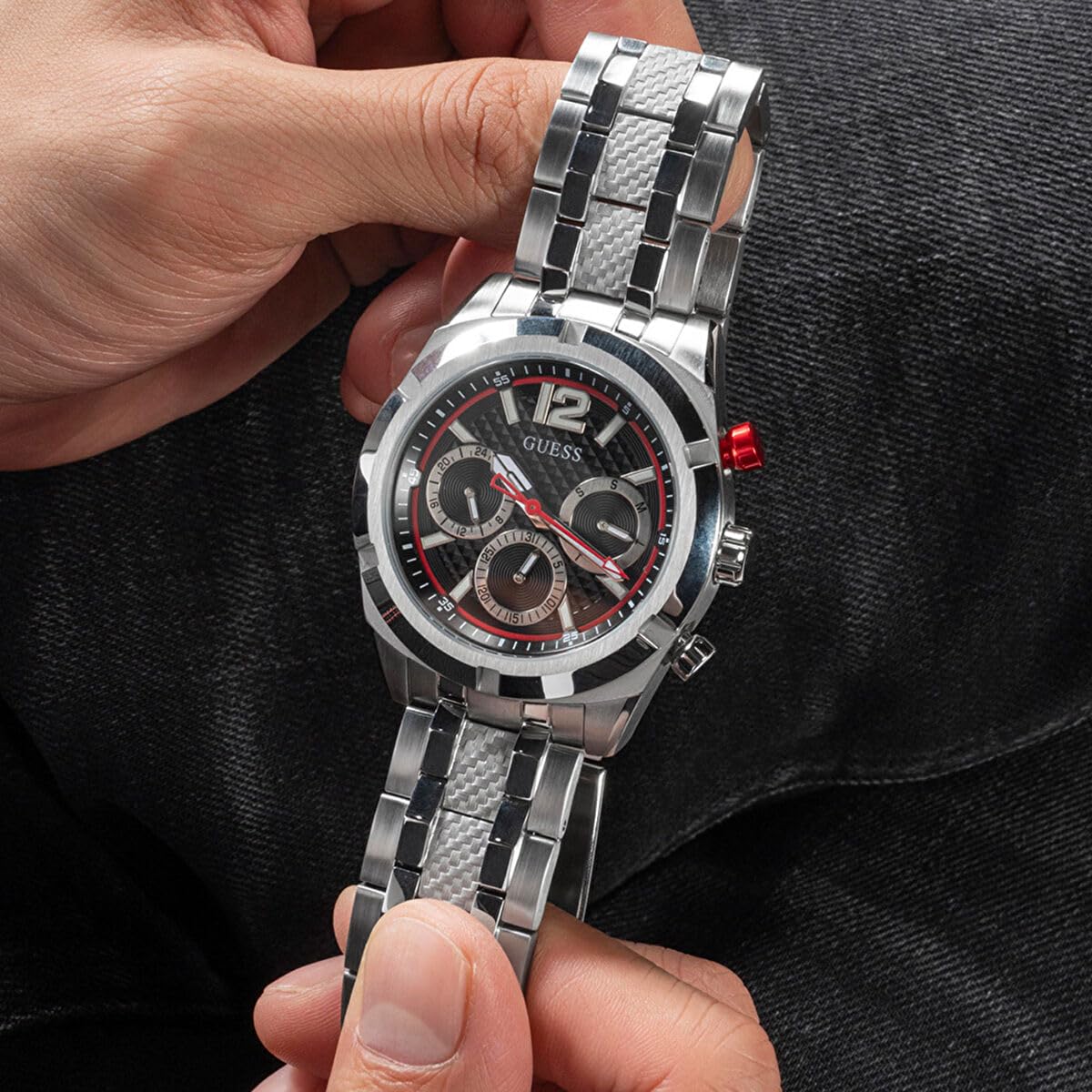 GUESS Stainless Steel Men Black Round Dial Analogue Watch- Gw0714G1, Band Color-Silver