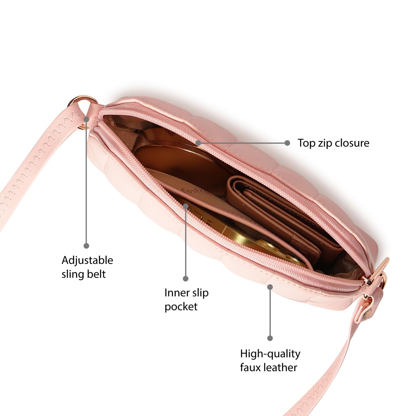 Fastrack Quilted Powder Pink Sling Bag For Women, Girls and Ladies with Top Zipper