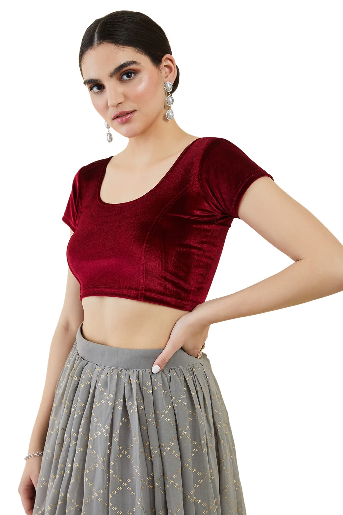 Soch Womens Velvet Half Sleeve Maroon Princess Cut Blouse, Medium